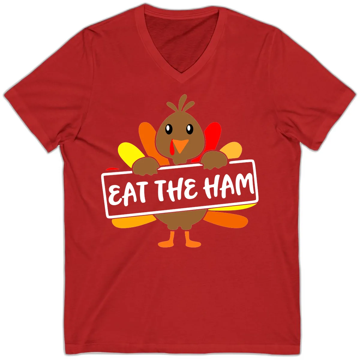 Turkey Holding Eat The Ham Sign V-Neck in Red