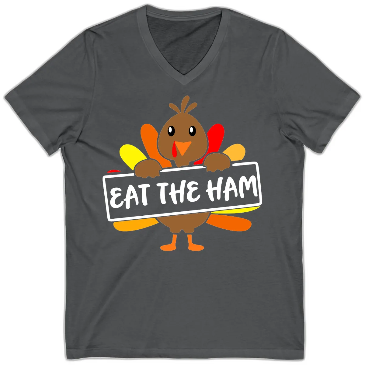 Turkey Holding Eat The Ham Sign V-Neck in Asphalt