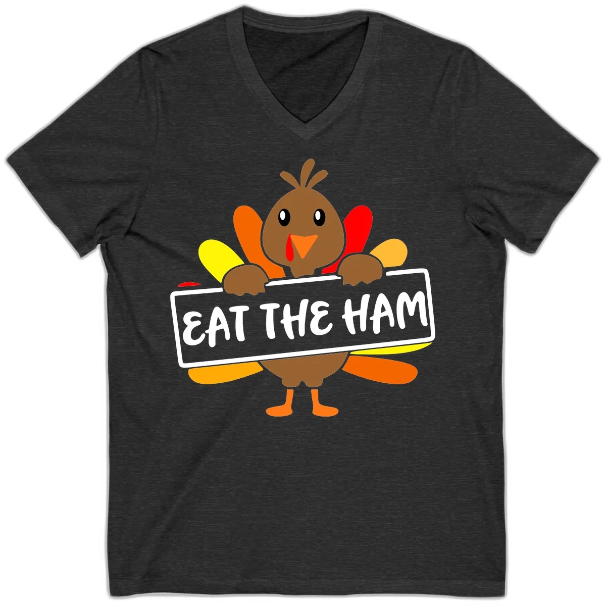 Turkey Holding Eat The Ham Sign V-Neck in Dark Grey Heather