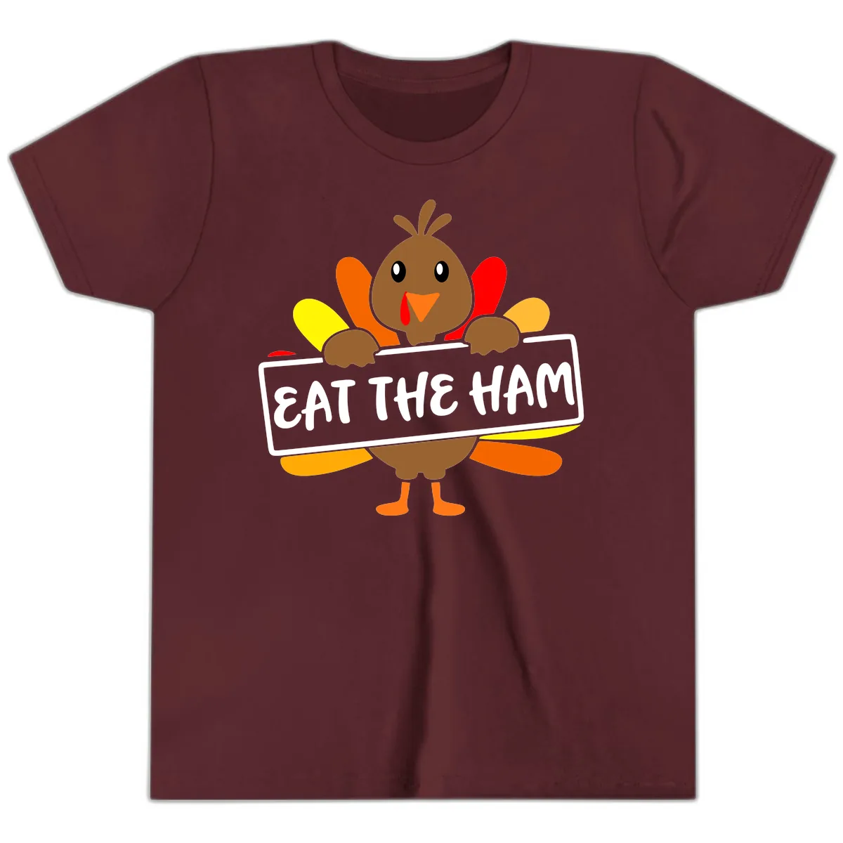 Turkey Holding Eat The Ham Sign Youth T-Shirt in Maroon