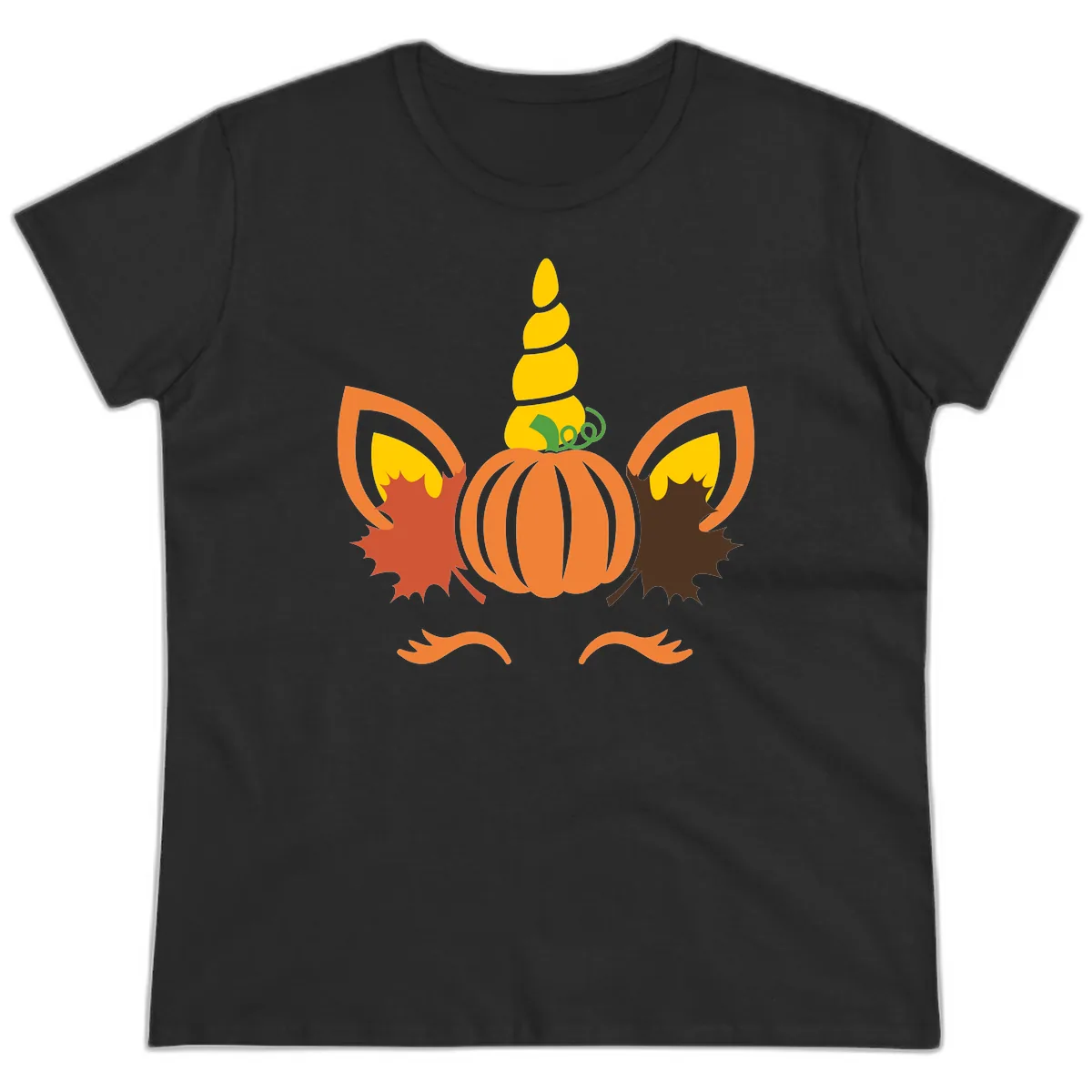 Autumn Unicorn Pumpkin Face Ladies Tee in Black