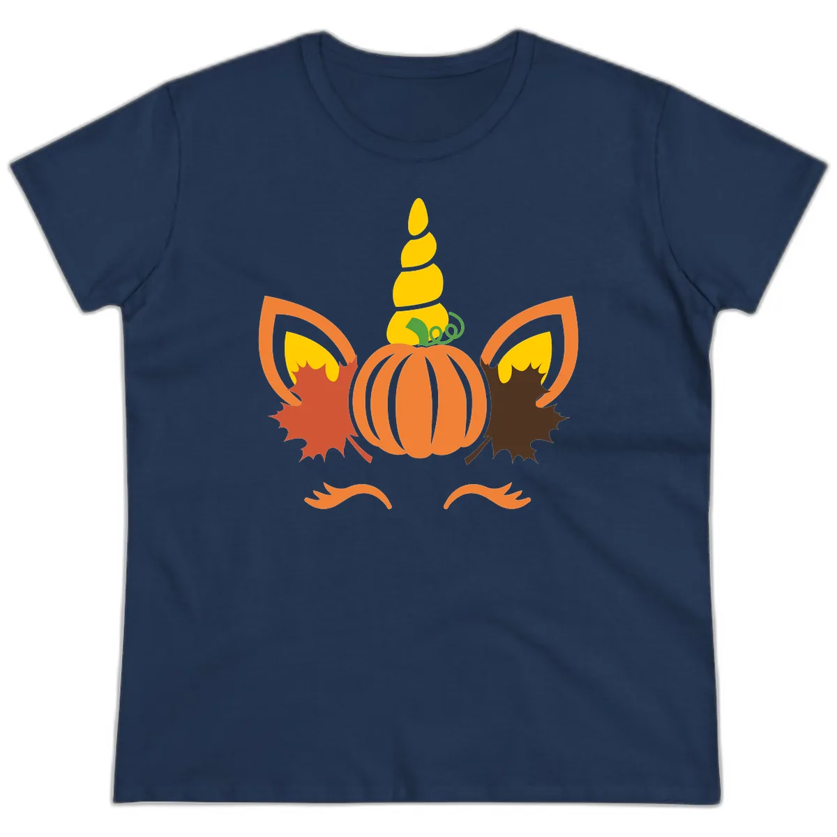 Autumn Unicorn Pumpkin Face Ladies Tee in Navy