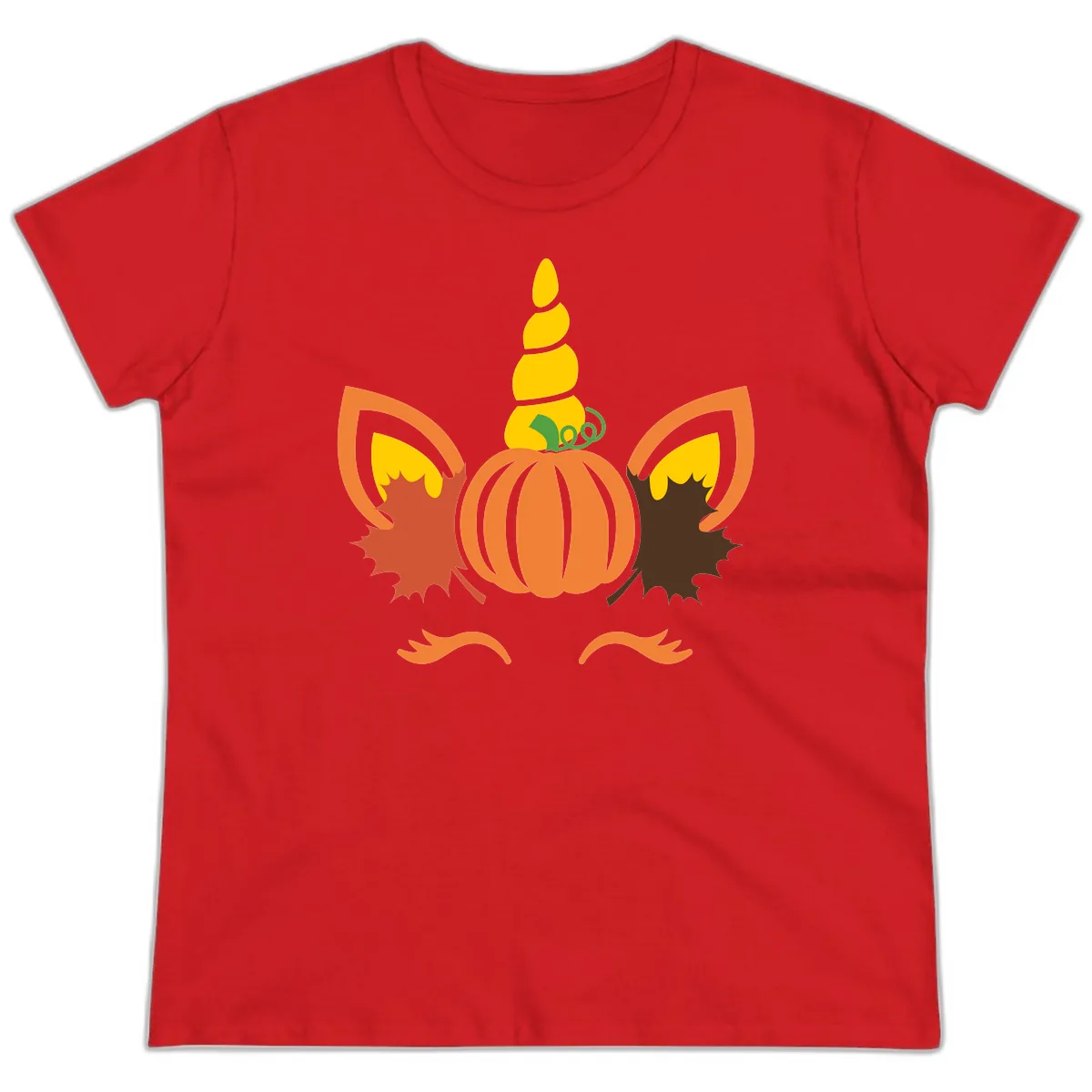 Autumn Unicorn Pumpkin Face Ladies Tee in Red