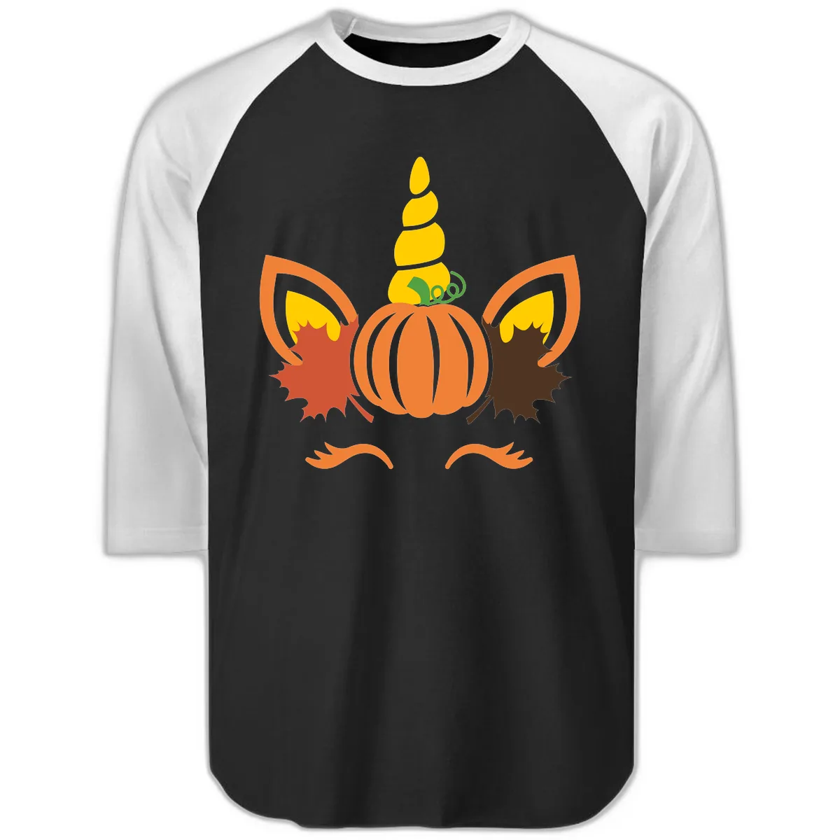 Autumn Unicorn Pumpkin Face Raglan 3/4 in Black White