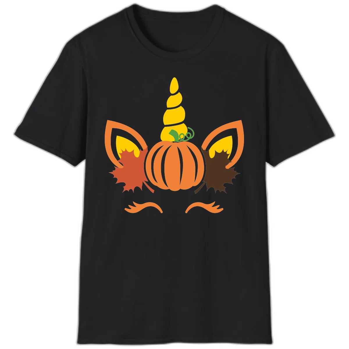 Autumn Unicorn Pumpkin Face T-Shirt in Black