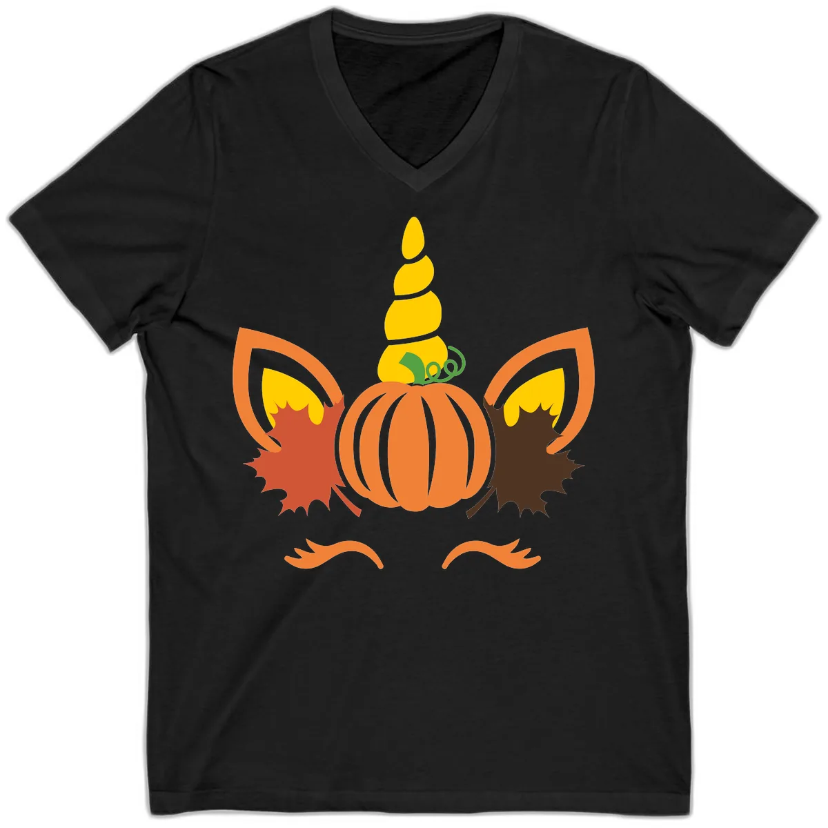 Autumn Unicorn Pumpkin Face V-Neck in Black