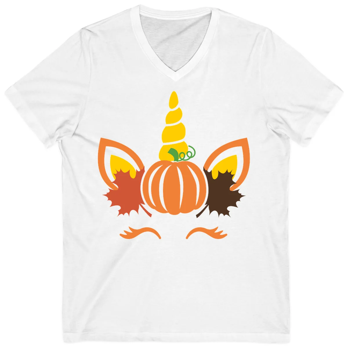 Autumn Unicorn Pumpkin Face V-Neck in White