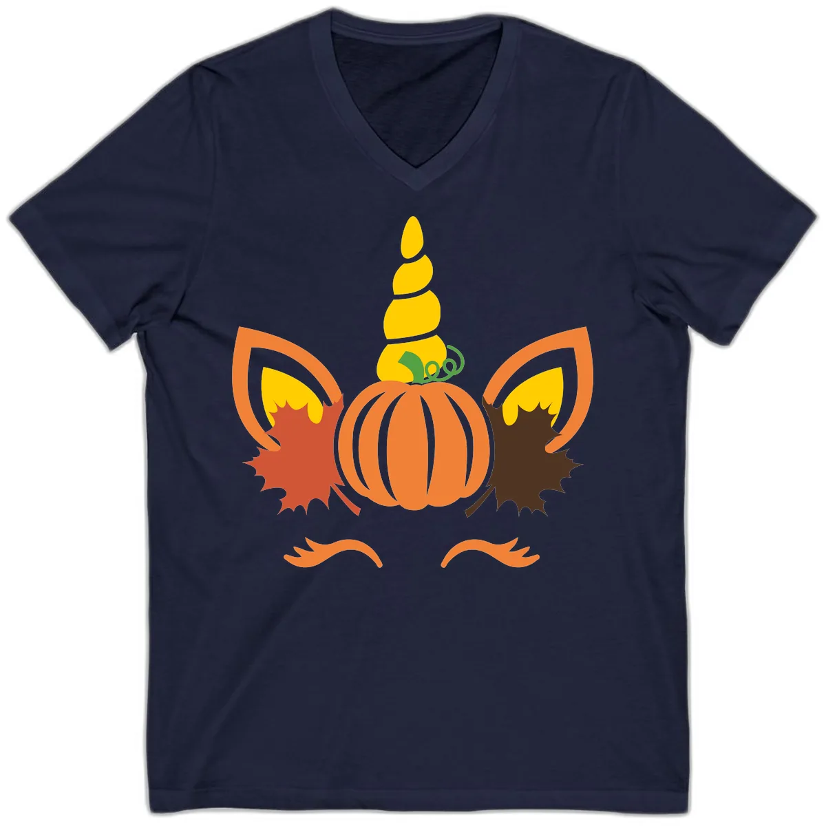 Autumn Unicorn Pumpkin Face V-Neck in Navy