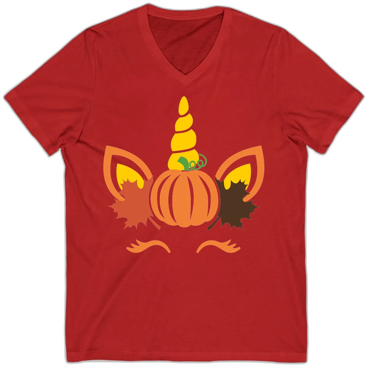 Autumn Unicorn Pumpkin Face V-Neck in Red