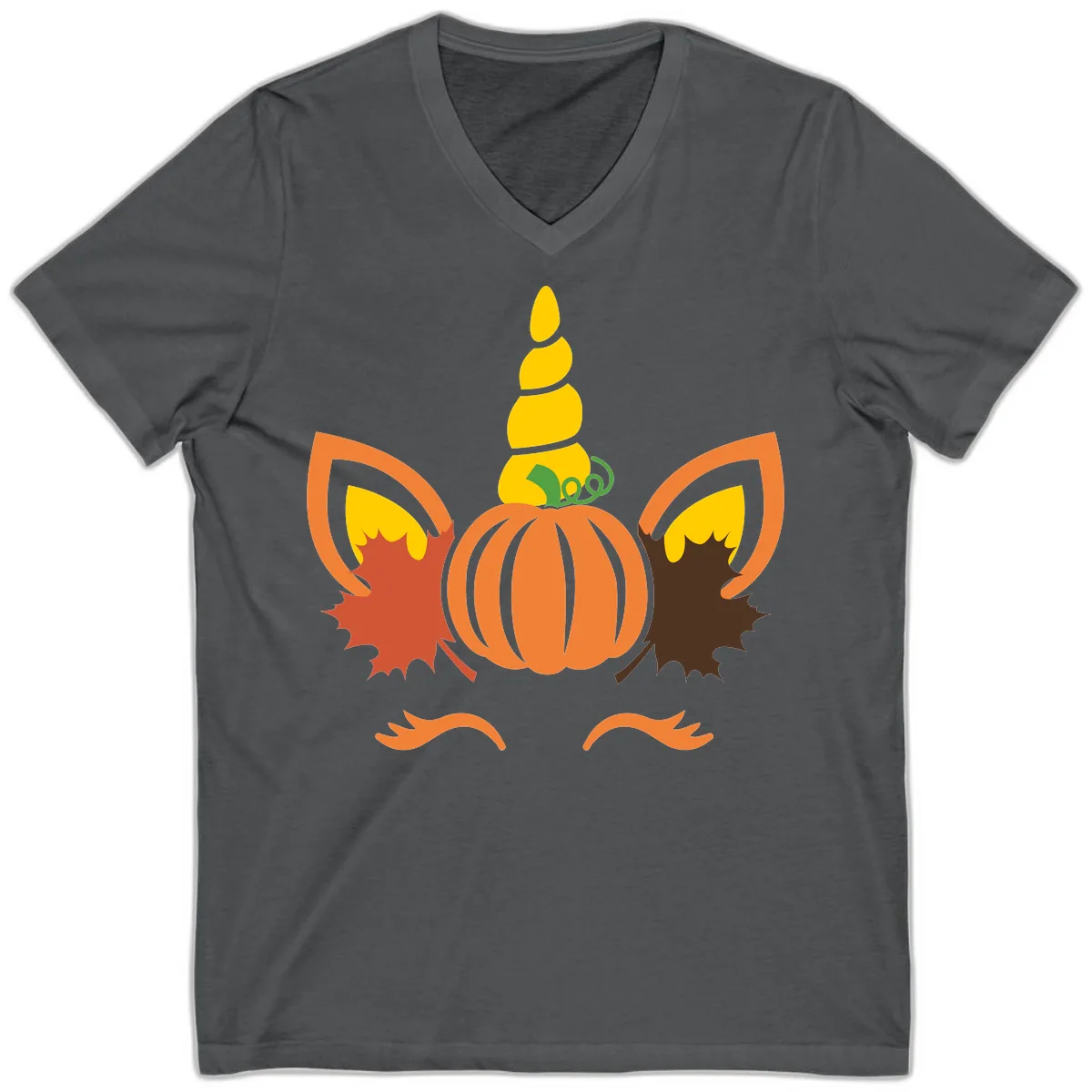 Autumn Unicorn Pumpkin Face V-Neck in Asphalt