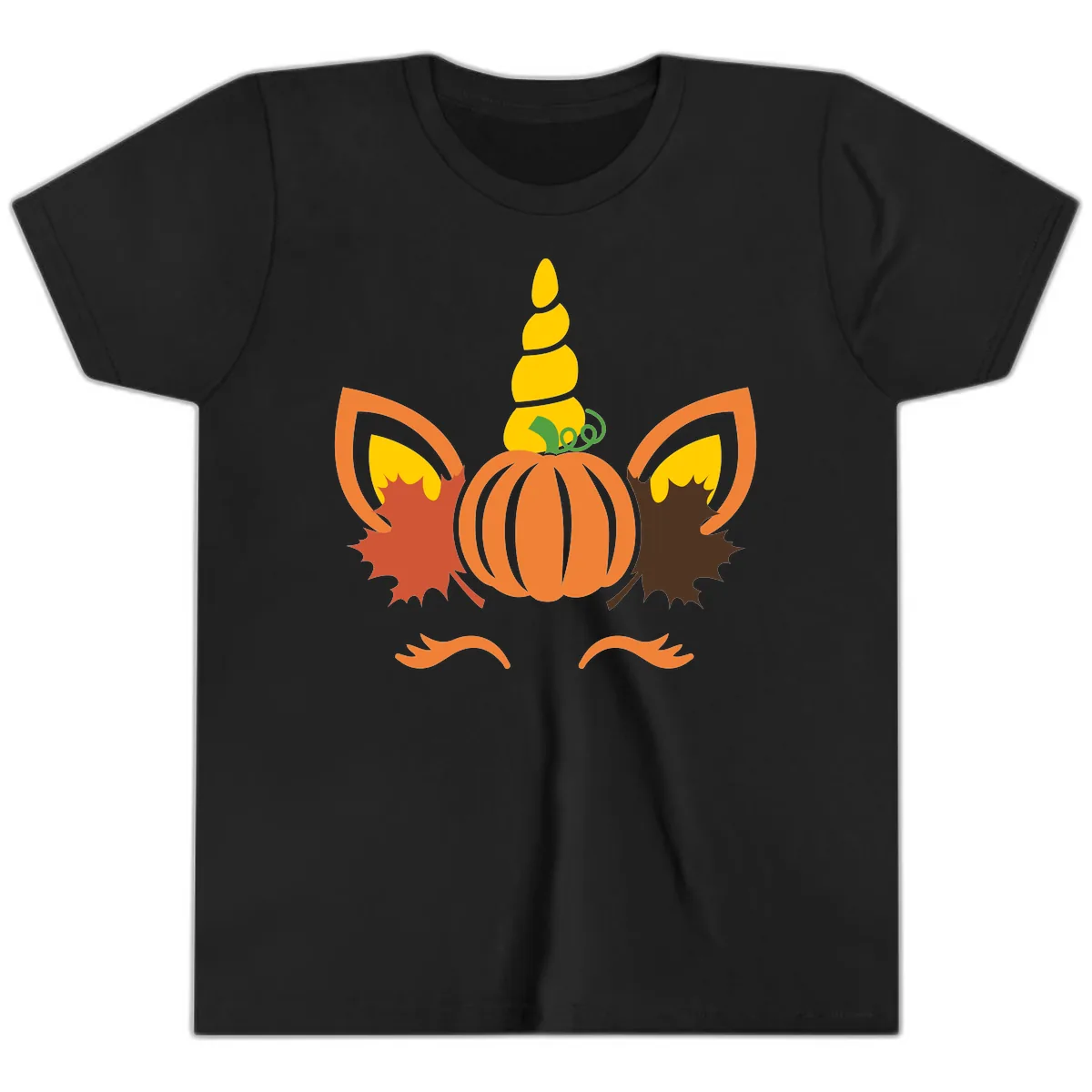 Autumn Unicorn Pumpkin Face Youth T-Shirt in Black