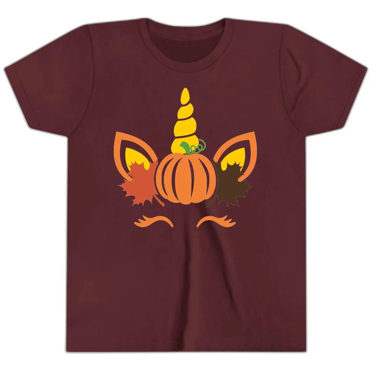 Autumn Unicorn Pumpkin Face Youth T-Shirt in Maroon