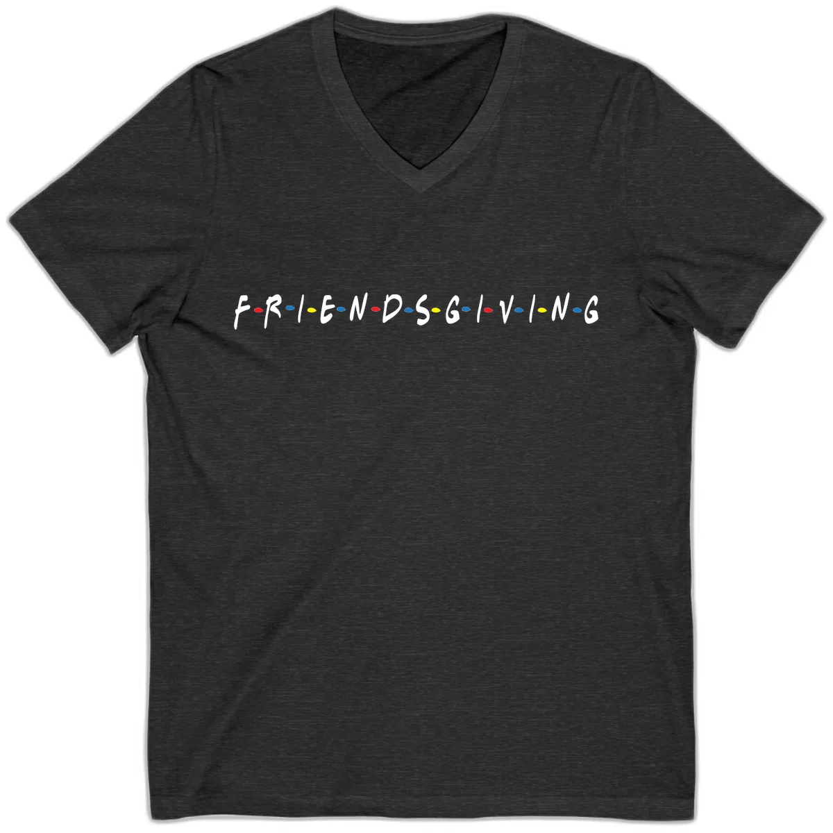 Friendsgiving Themed Typography V-Neck in Dark Grey Heather