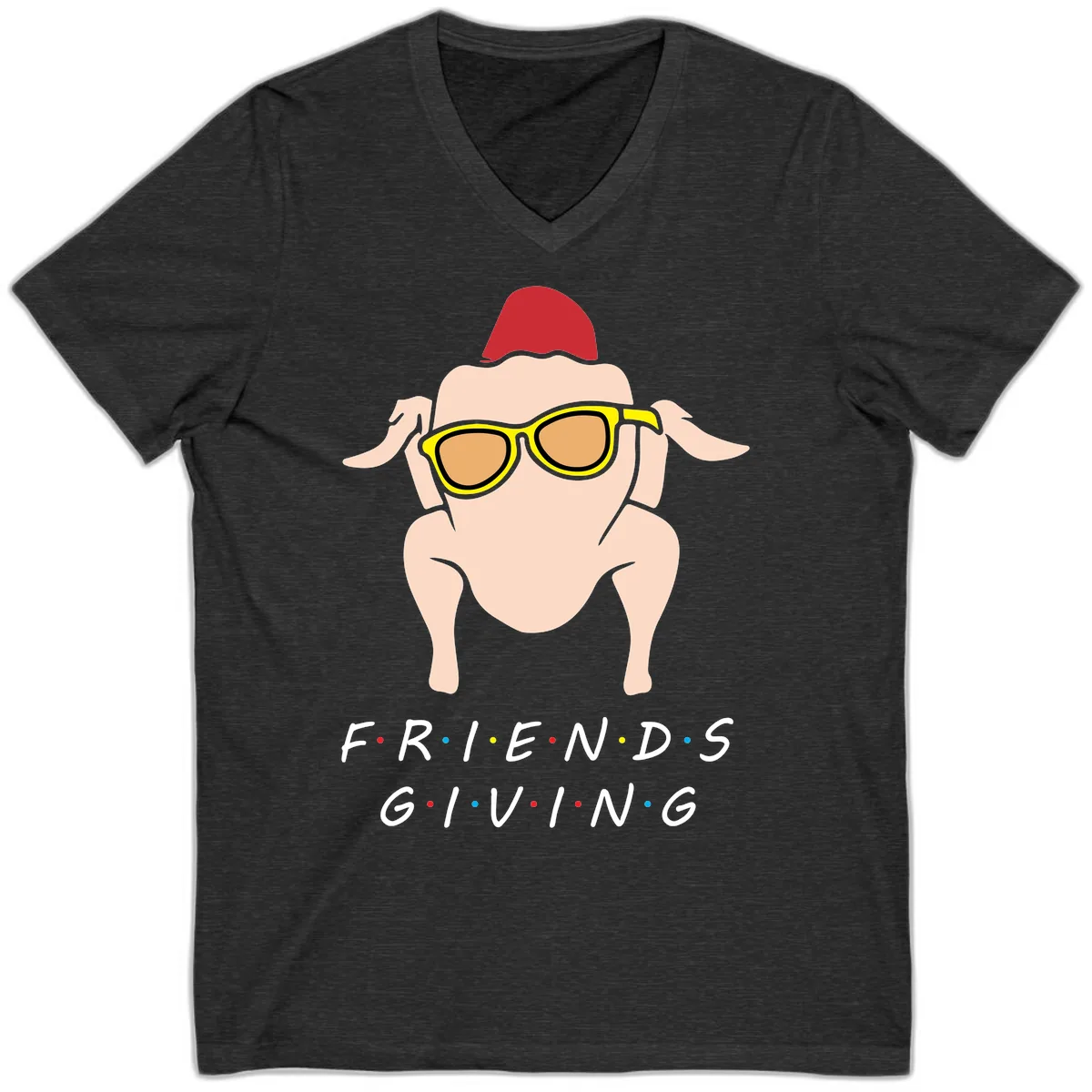 Friendsgiving Turkey With Sunglasses V-Neck in Dark Grey Heather