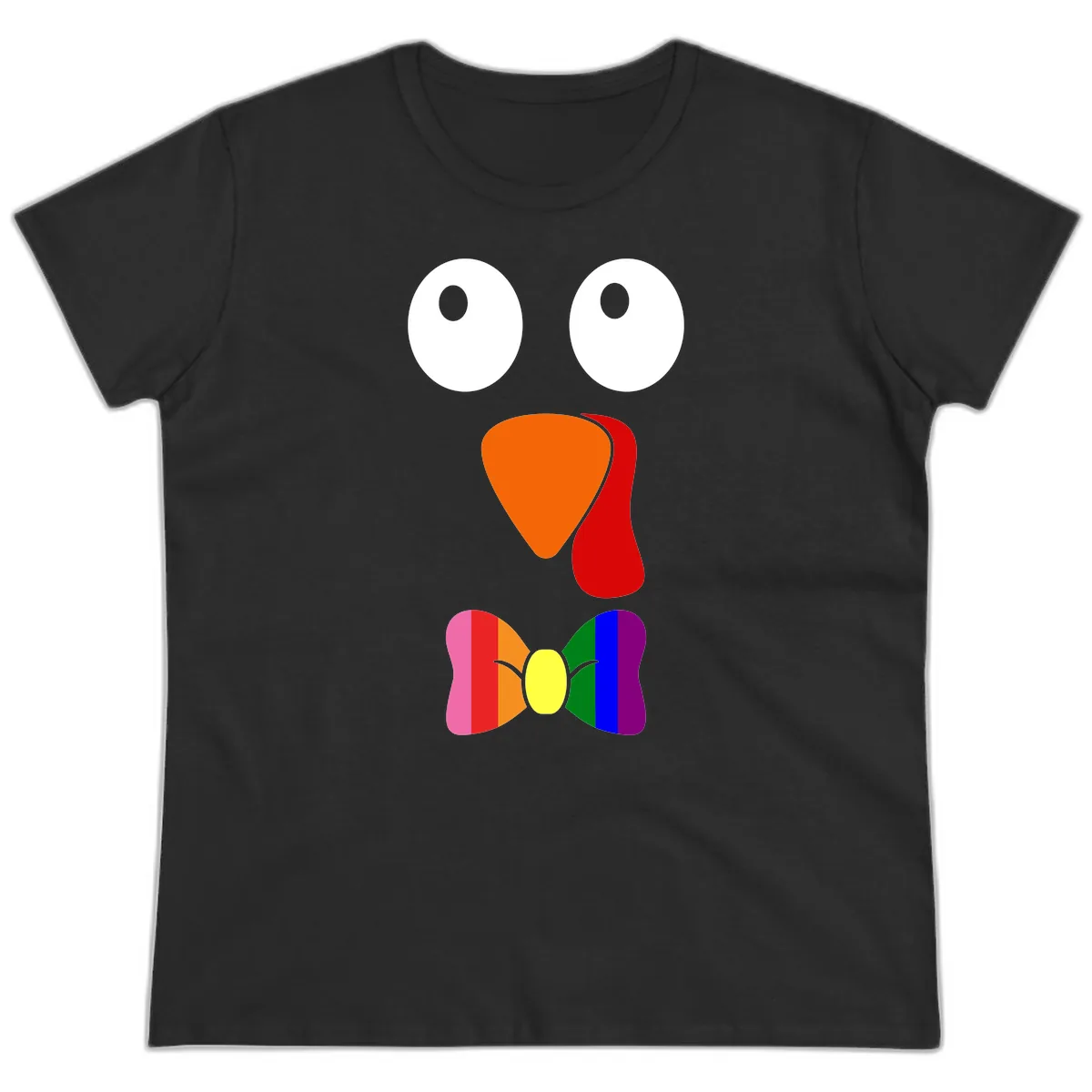 Rainbow Bowtie Turkey Face Ladies Tee in Black