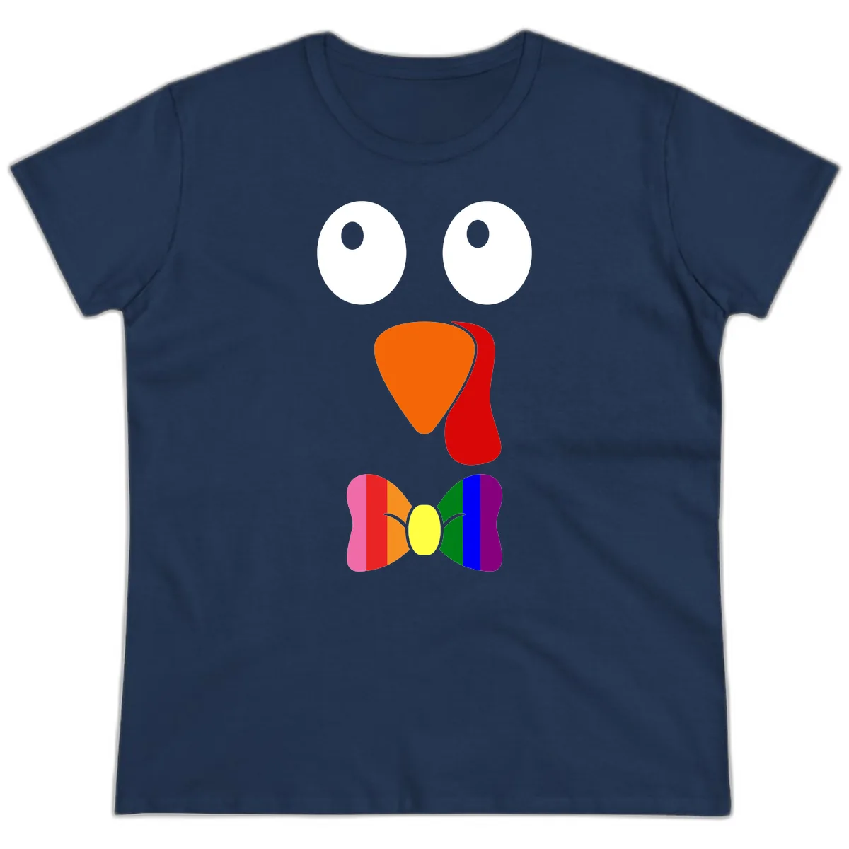 Rainbow Bowtie Turkey Face Ladies Tee in Navy