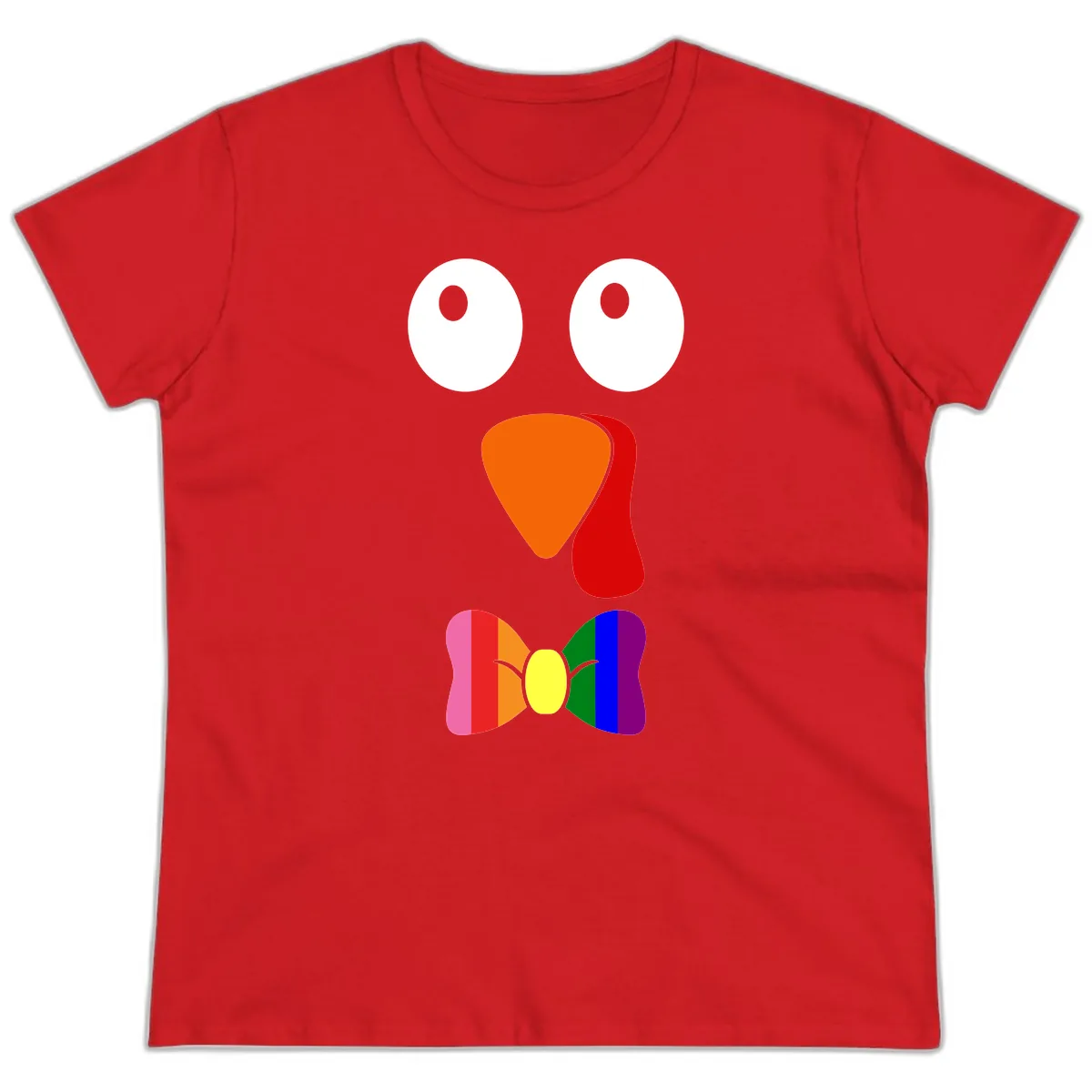 Rainbow Bowtie Turkey Face Ladies Tee in Red