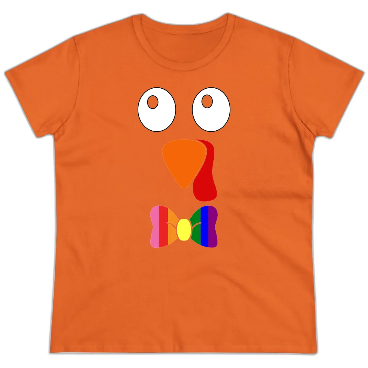 Rainbow Bowtie Turkey Face Ladies Tee in Orange