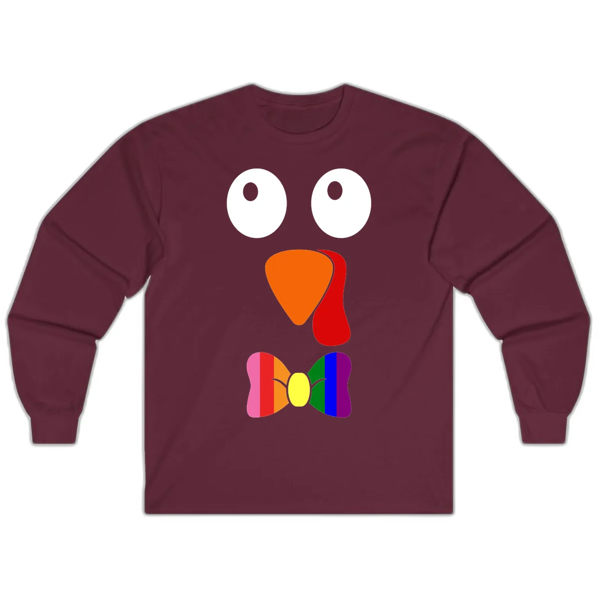Rainbow Bowtie Turkey Face Long Sleeve in Maroon