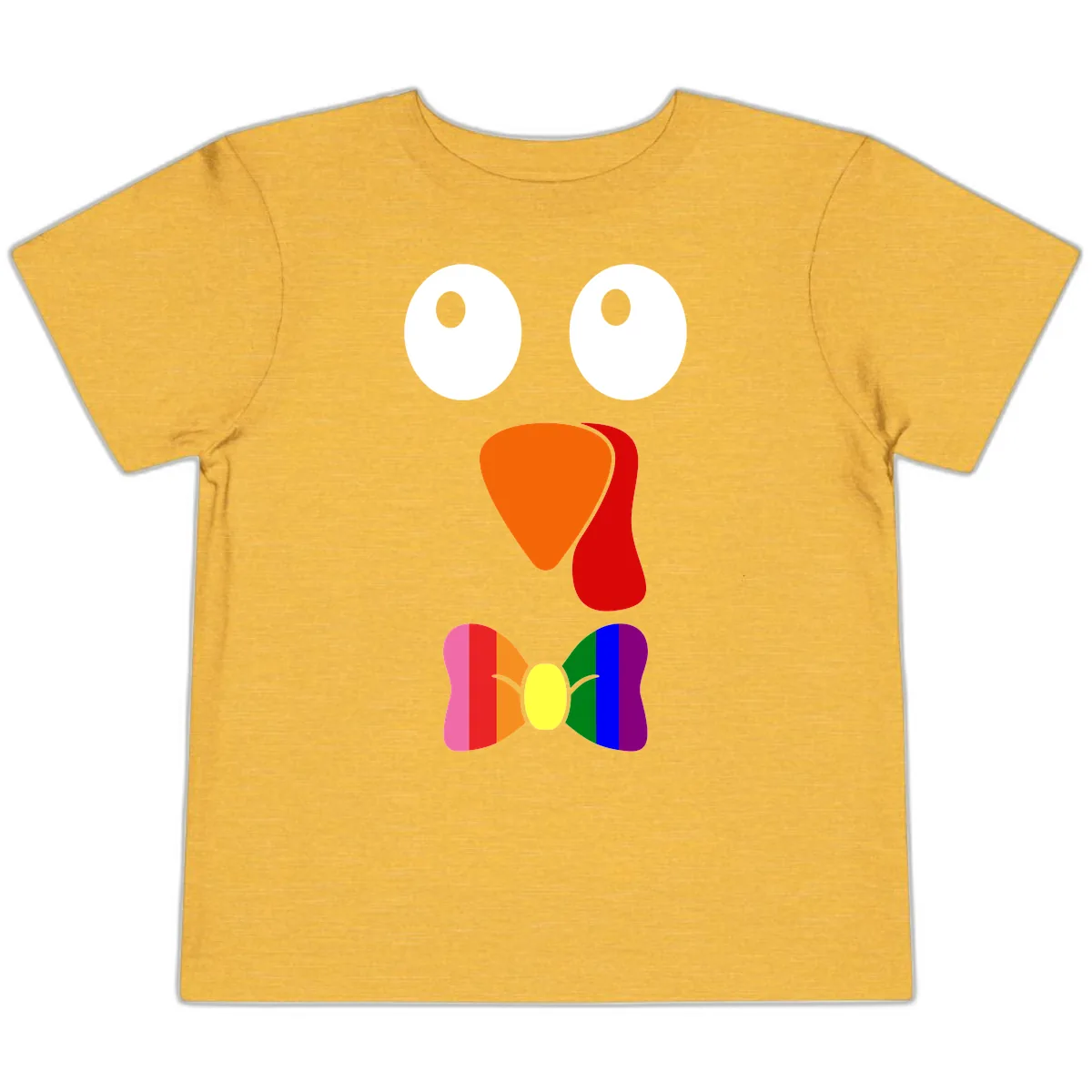 Rainbow Bowtie Turkey Face Toddler T-Shirt in Heather Yellow Gold