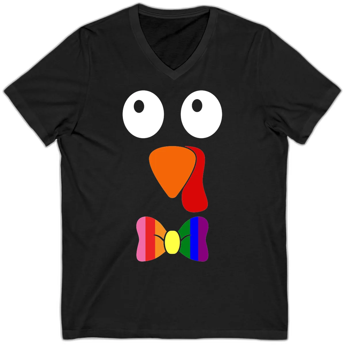 Rainbow Bowtie Turkey Face V-Neck in Black