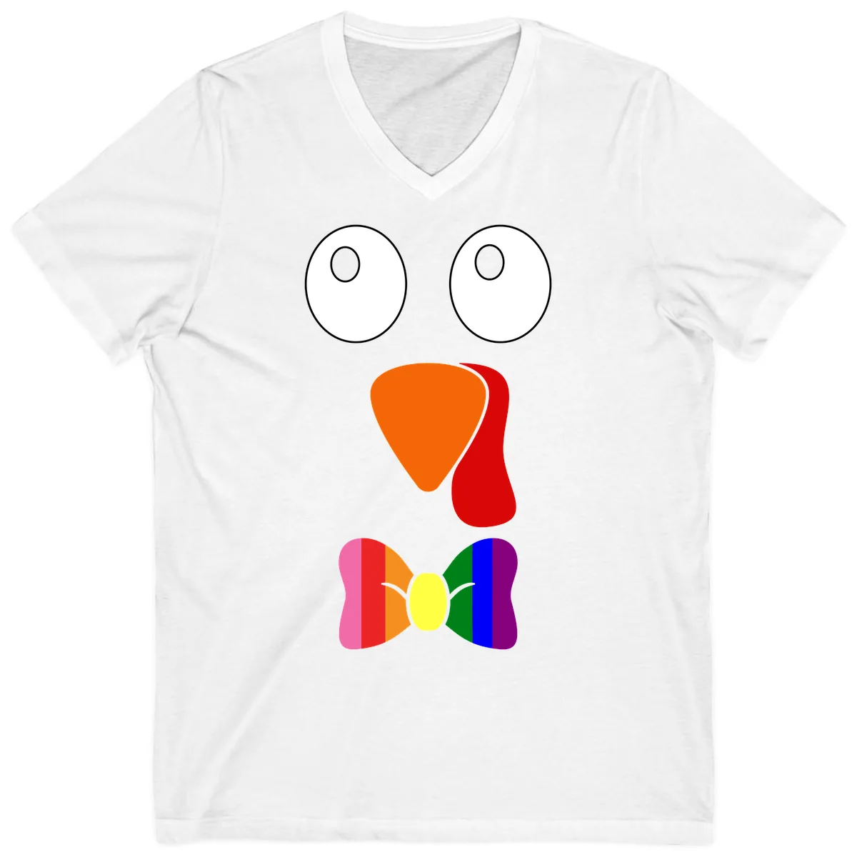 Rainbow Bowtie Turkey Face V-Neck in White