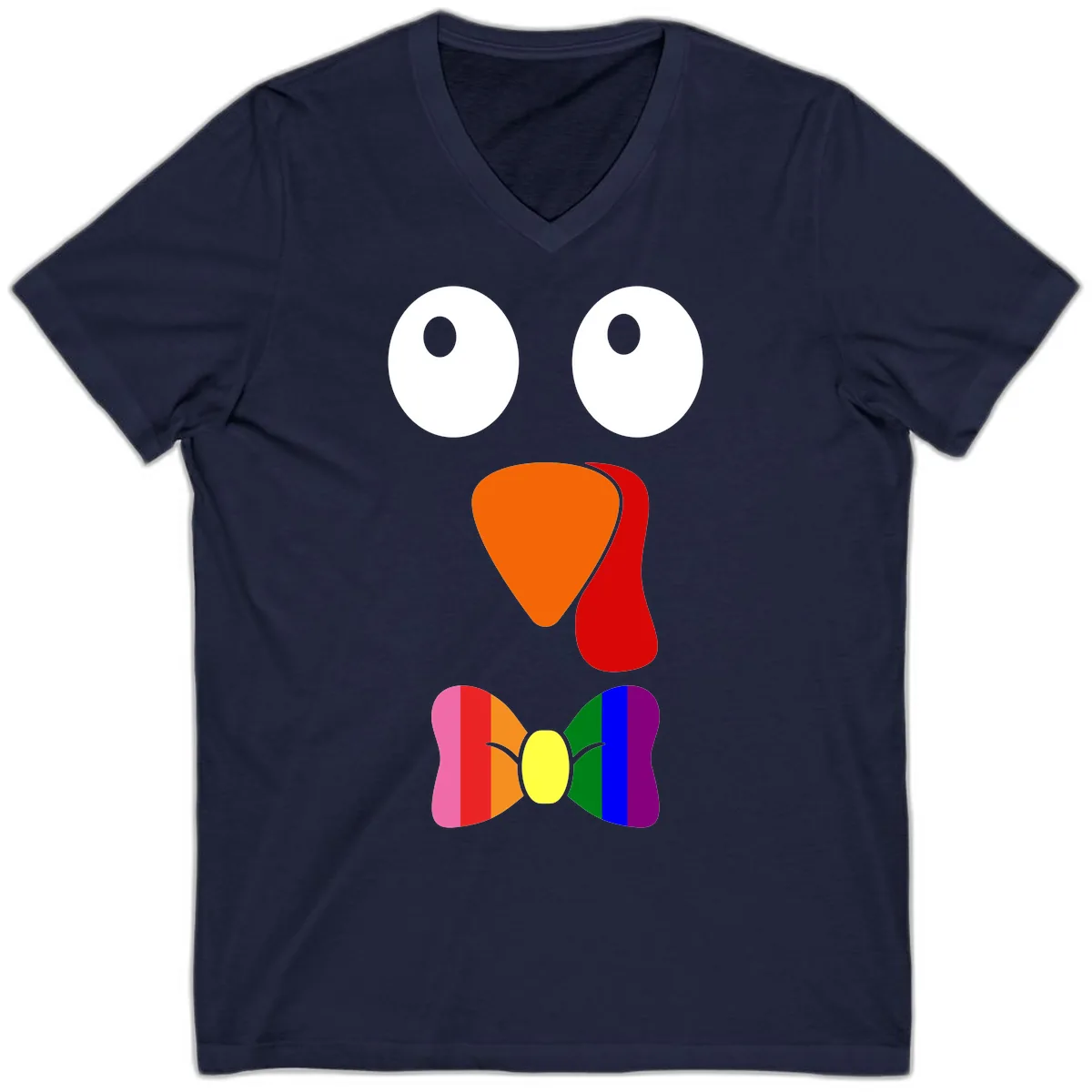 Rainbow Bowtie Turkey Face V-Neck in Navy