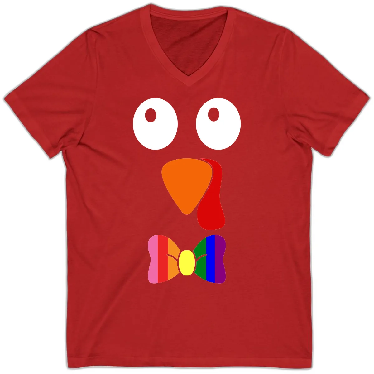 Rainbow Bowtie Turkey Face V-Neck in Red
