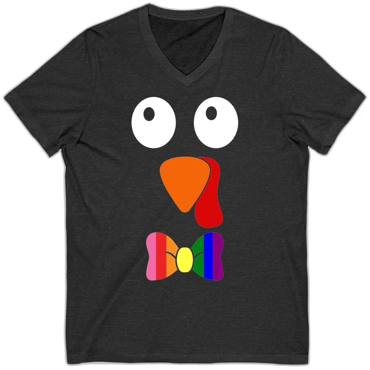 Rainbow Bowtie Turkey Face V-Neck in Dark Grey Heather