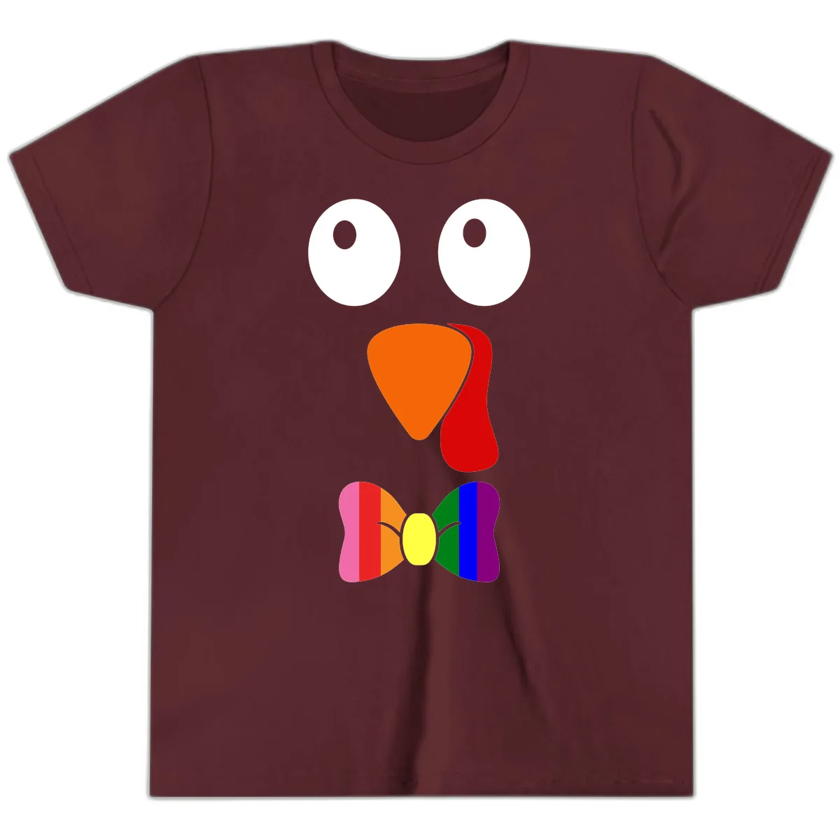 Rainbow Bowtie Turkey Face Youth T-Shirt in Maroon