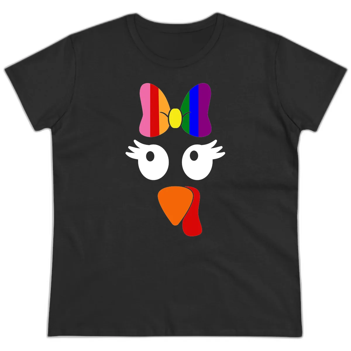 Rainbow Turkey Face Thanksgiving Design Ladies Tee in Black