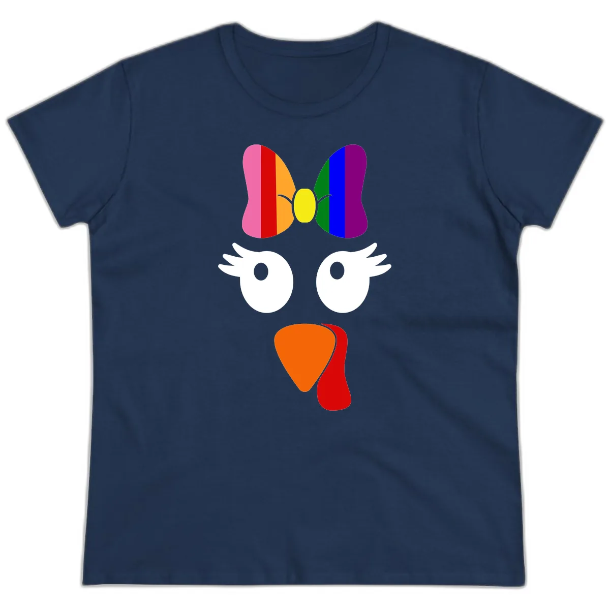 Rainbow Turkey Face Thanksgiving Design Ladies Tee in Navy