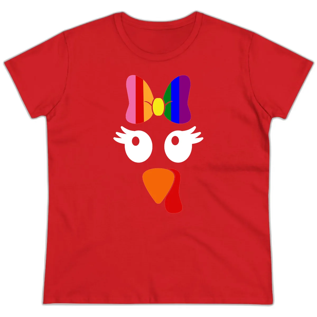 Rainbow Turkey Face Thanksgiving Design Ladies Tee in Red