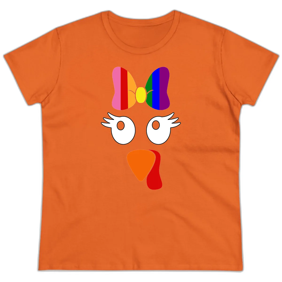 Rainbow Turkey Face Thanksgiving Design Ladies Tee in Orange