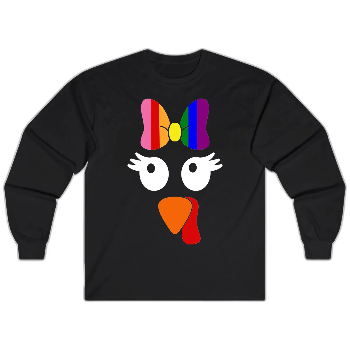 Rainbow Turkey Face Thanksgiving Design Long Sleeve in Black