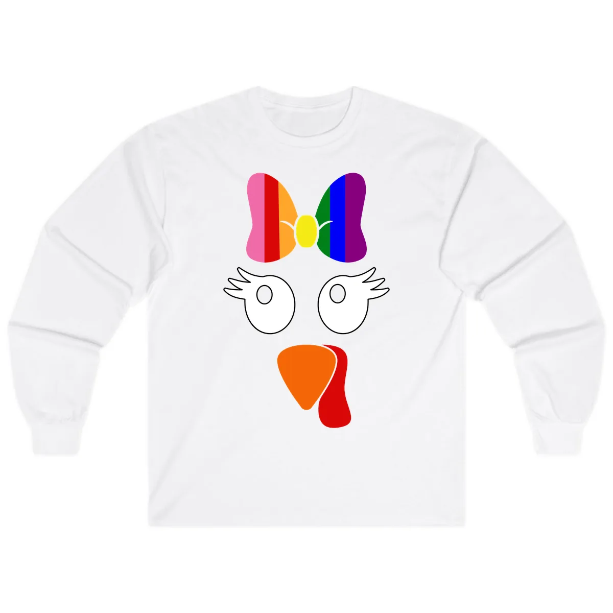 Rainbow Turkey Face Thanksgiving Design Long Sleeve in White