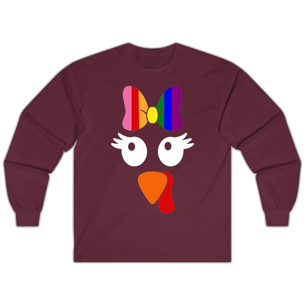 Rainbow Turkey Face Thanksgiving Design Long Sleeve in Maroon