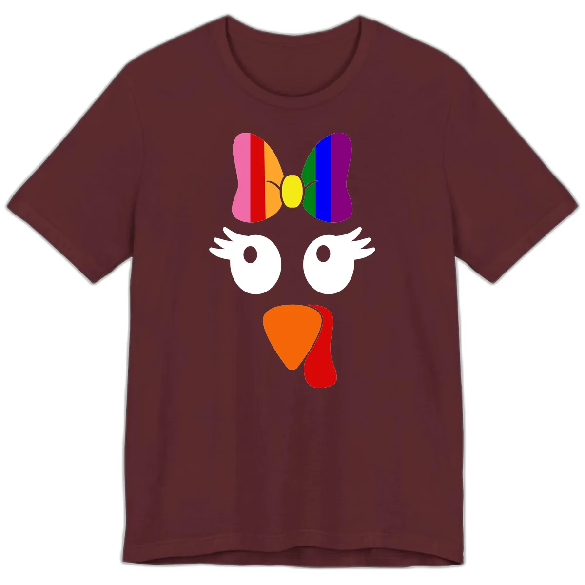 Rainbow Turkey Face Thanksgiving Design Premium T-Shirt in Maroon