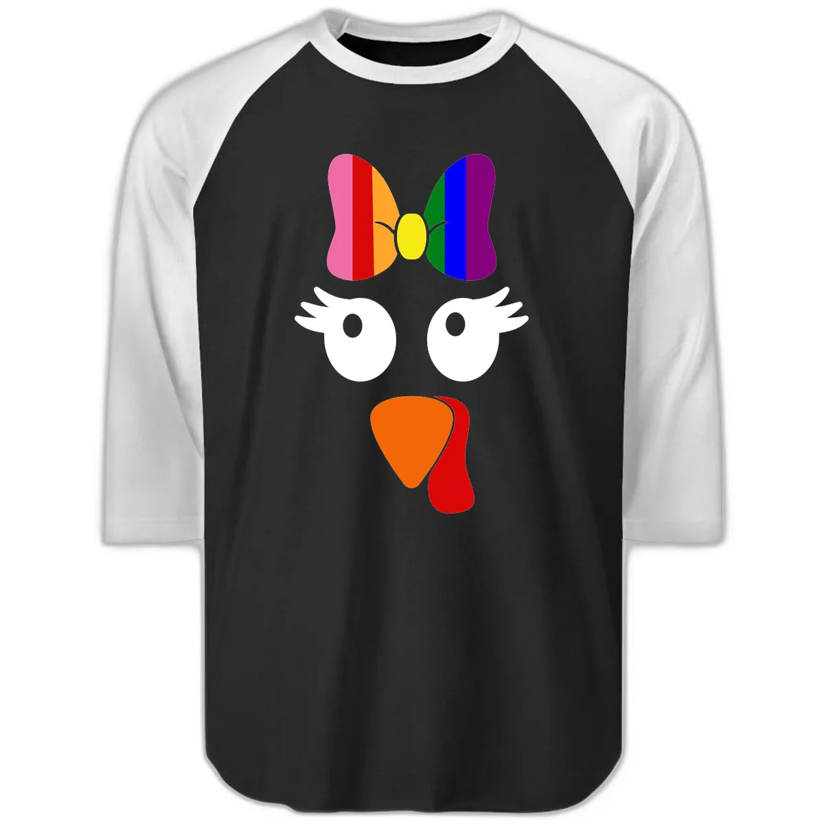 Rainbow Turkey Face Thanksgiving Design Raglan 3/4 in Black White