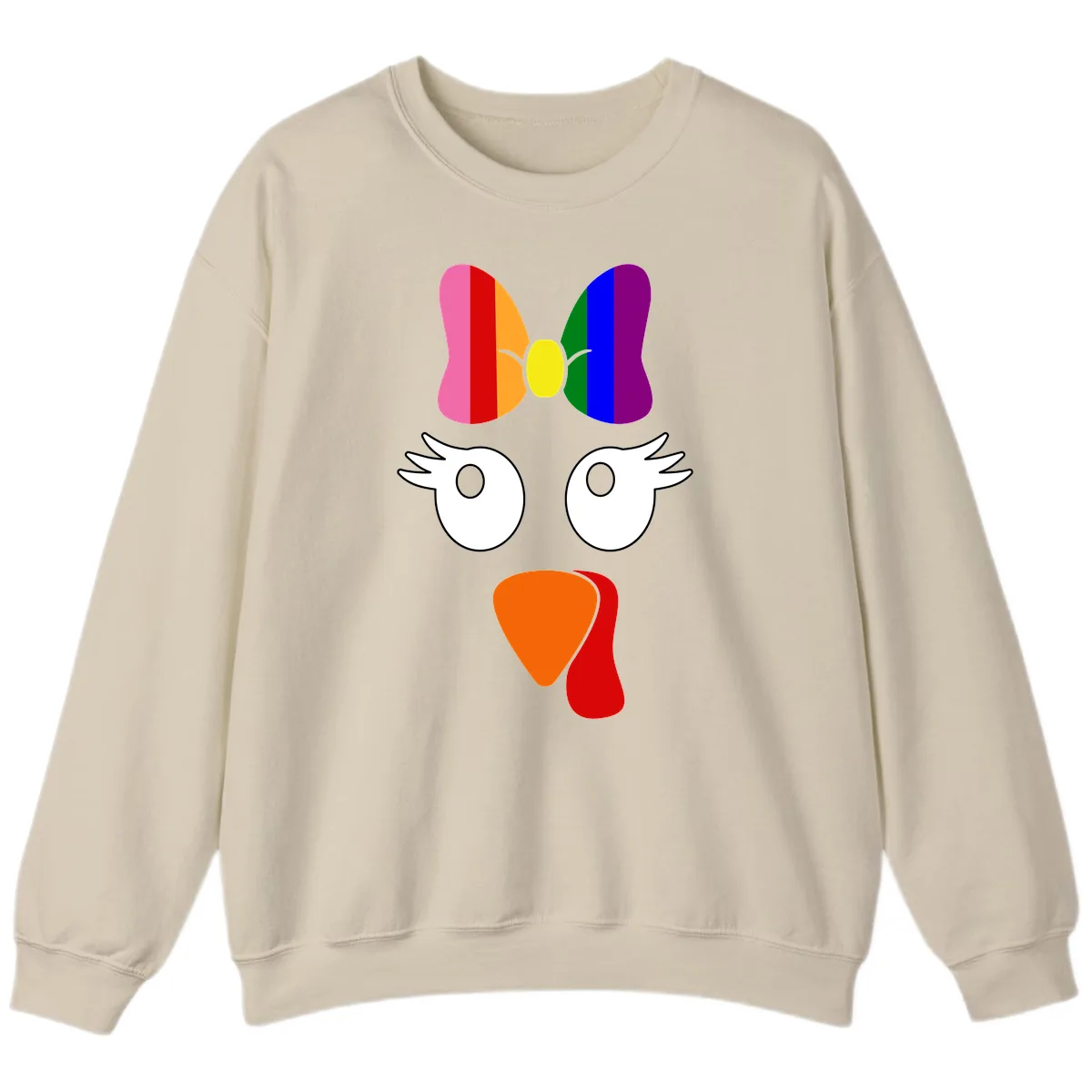 Rainbow Turkey Face Thanksgiving Design Sweatshirt in Sand