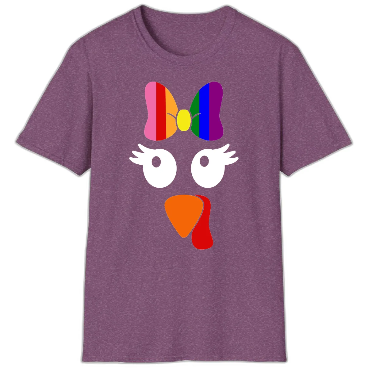 Rainbow Turkey Face Thanksgiving Design T-Shirt in Heather Maroon