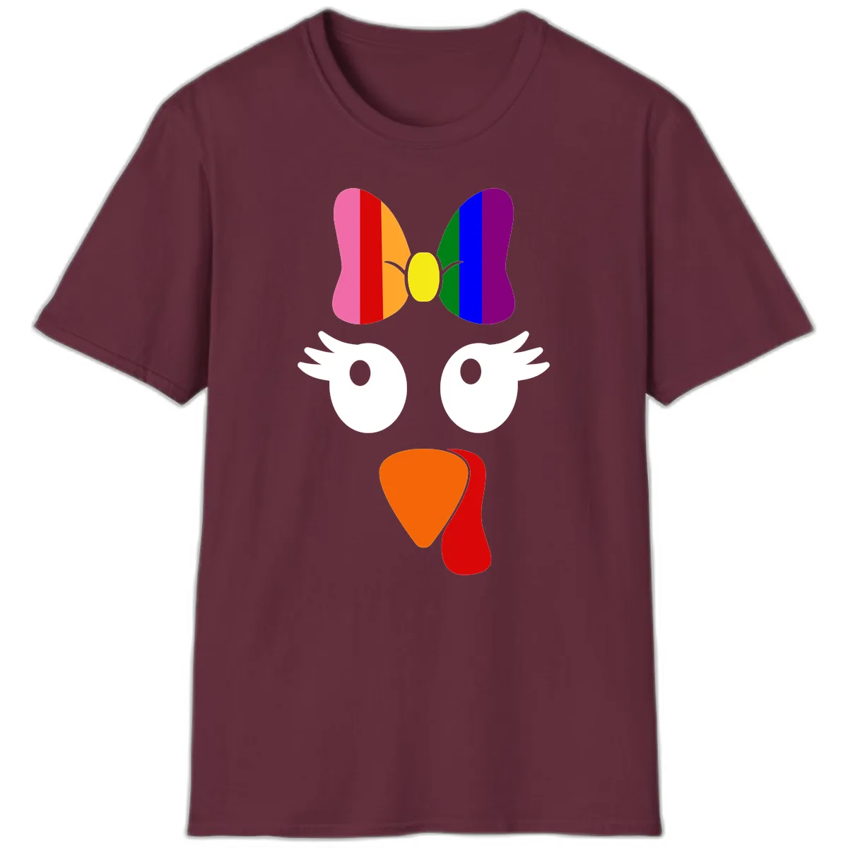 Rainbow Turkey Face Thanksgiving Design T-Shirt in Maroon