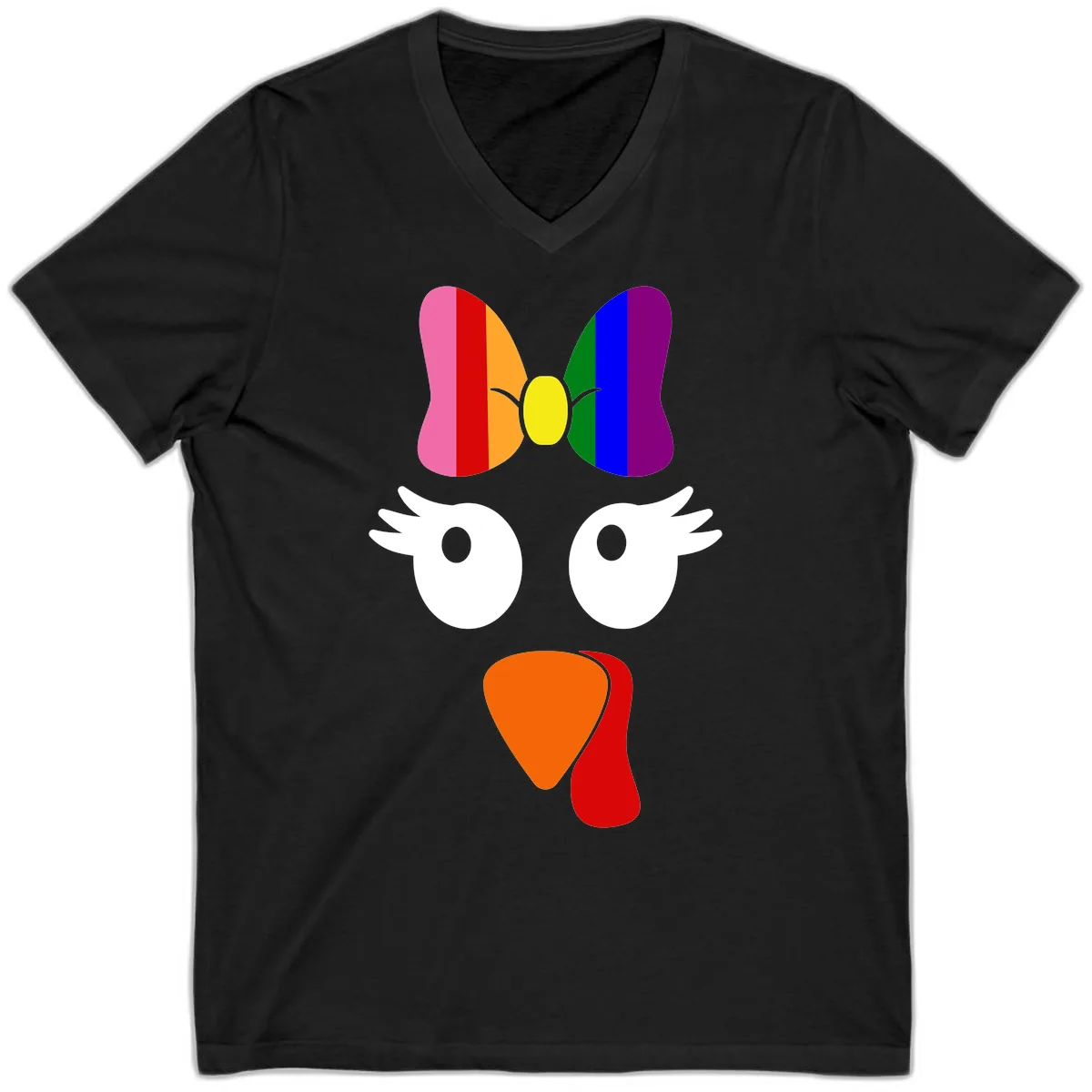 Rainbow Turkey Face Thanksgiving Design V-Neck in Black