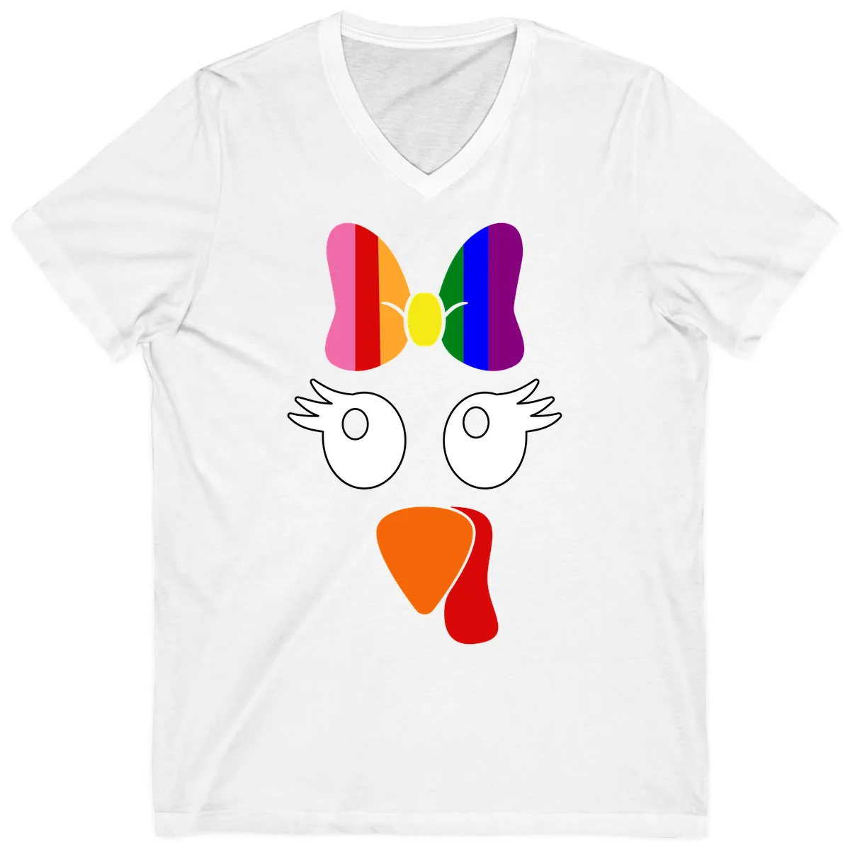 Rainbow Turkey Face Thanksgiving Design V-Neck in White