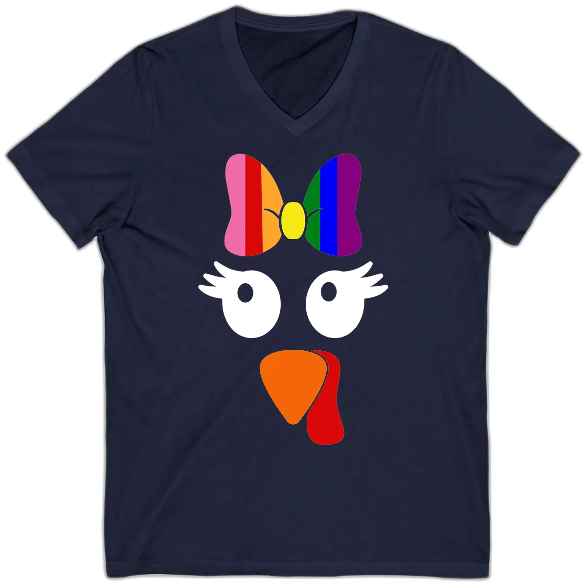Rainbow Turkey Face Thanksgiving Design V-Neck in Navy
