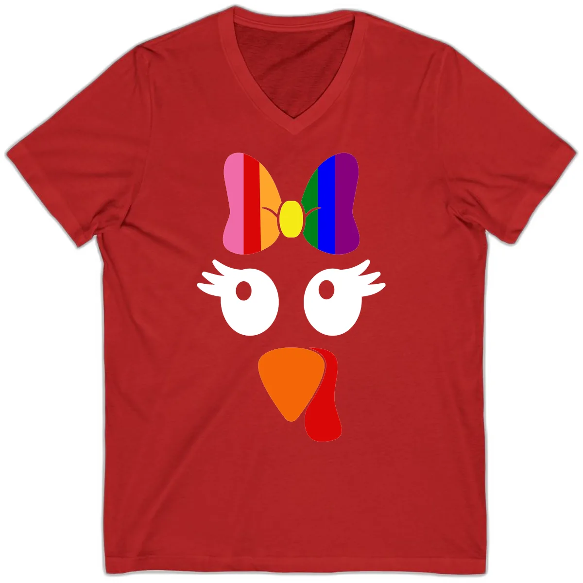 Rainbow Turkey Face Thanksgiving Design V-Neck in Red
