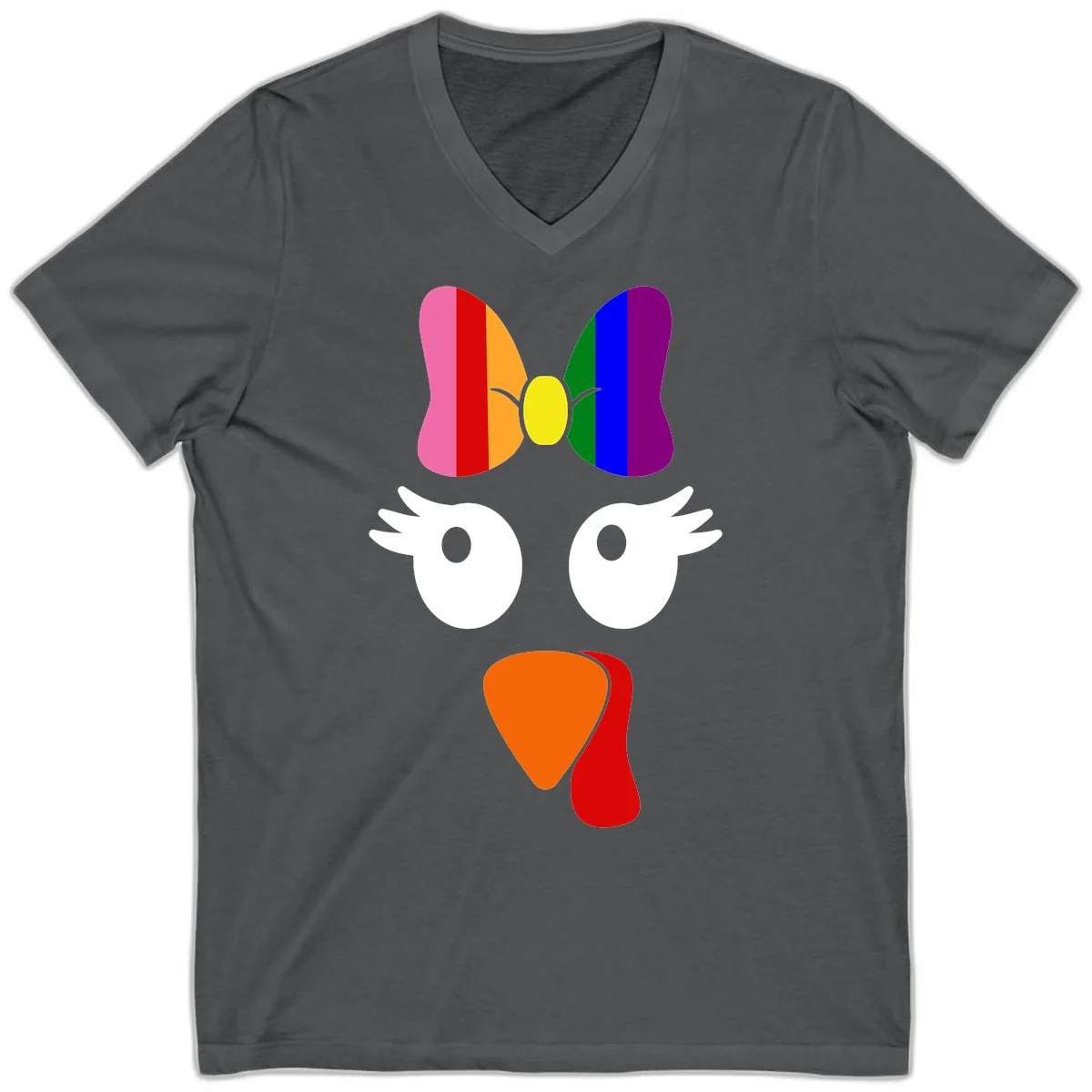 Rainbow Turkey Face Thanksgiving Design V-Neck in Asphalt