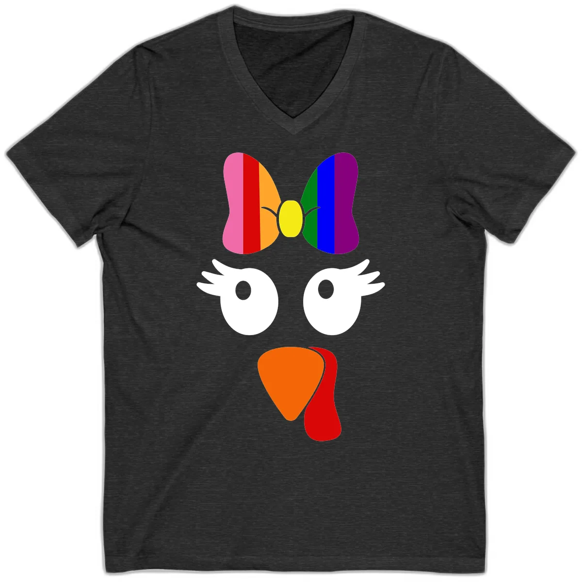 Rainbow Turkey Face Thanksgiving Design V-Neck in Dark Grey Heather