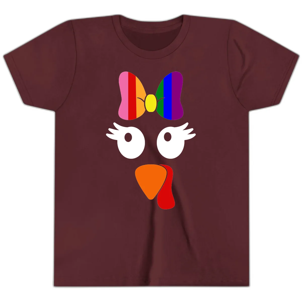 Rainbow Turkey Face Thanksgiving Design Youth T-Shirt in Maroon