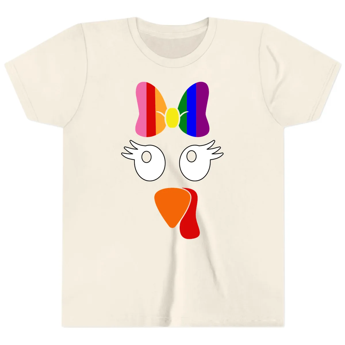 Rainbow Turkey Face Thanksgiving Design Youth T-Shirt in Natural